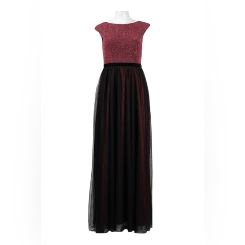 Sangria SBXX1578 Berry Black Boat Neck Cap Sleeve Zip Lurex Mesh Maxi Dress 16